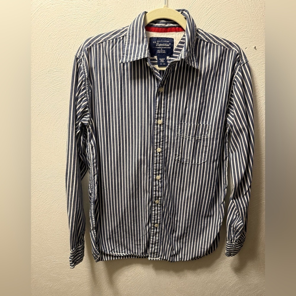 U.S. Expedition Blue White Stripe Button Down 100% Cotton Preppy S *Unisex - Picture 3 of 6